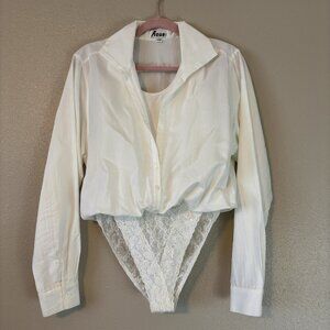 Fun "2000" Imprint White Cotton Leotard Bodysuit with Frilly‎ Bottoms Large L